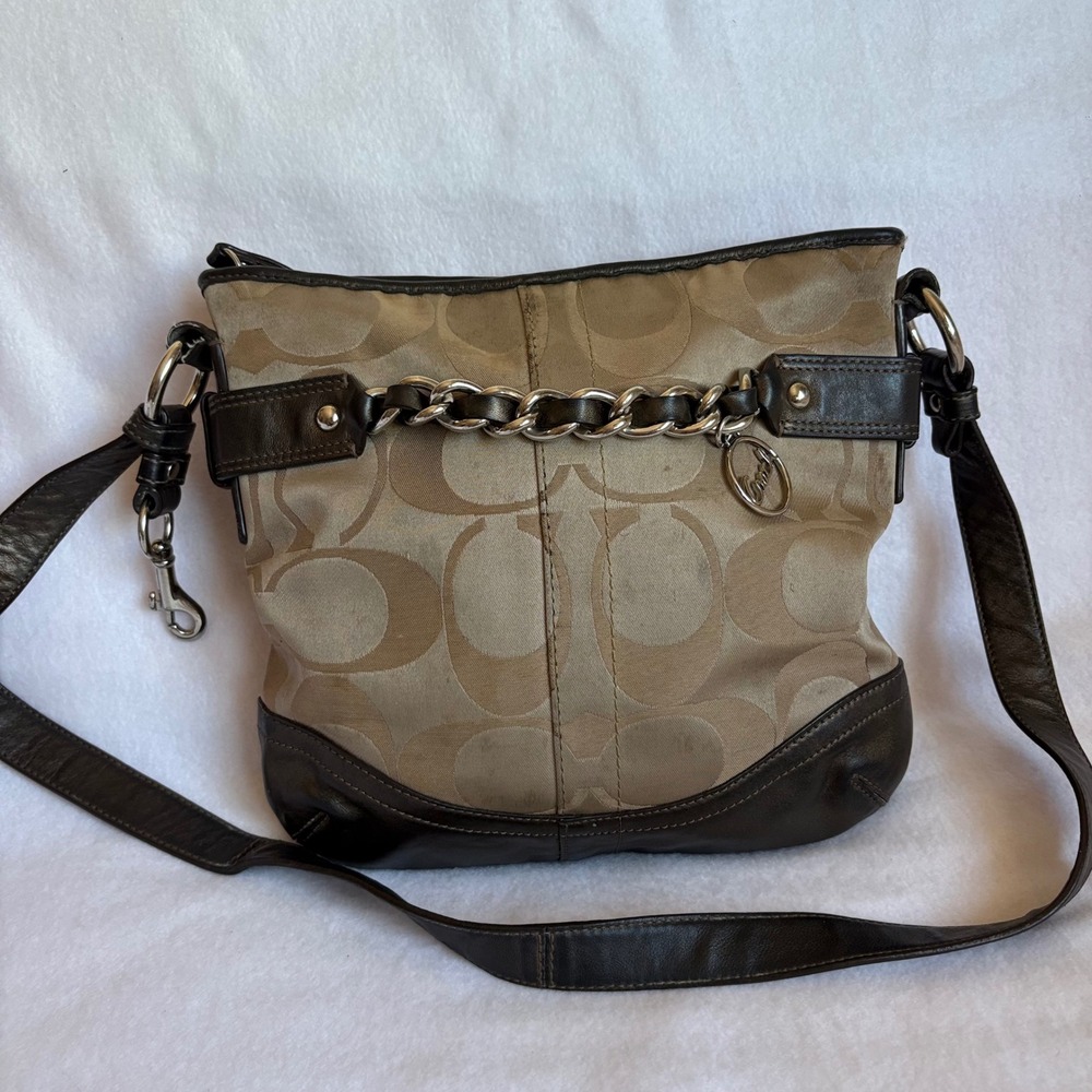 Coach Signature Jacquard Chain Crossbody Bag Brown Khaki